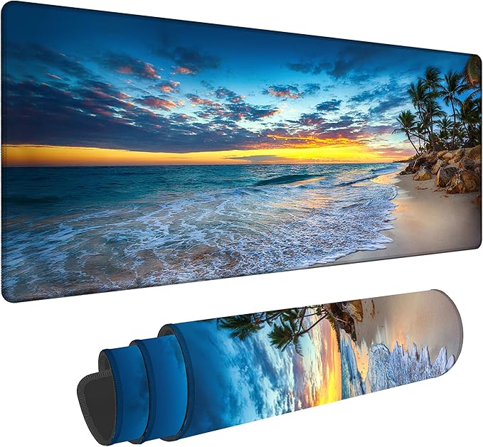 Hawaii Summer Beach Gaming Desk Mat Large,Palm Tree Sunset Extended Mousepad,Non-Slip Rubber Mouse Pad Stitched Edges,Desktop Decorative Accessories for Home Office 31.5" x 15.7"