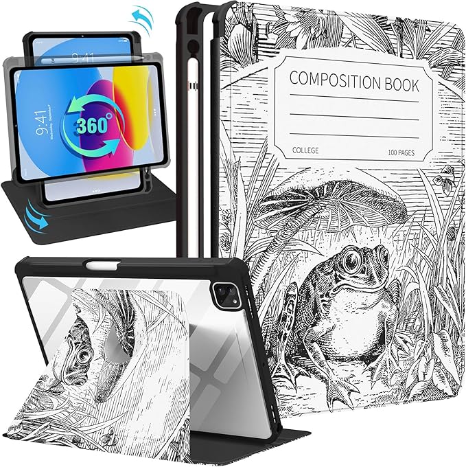 Uppuppy for iPad Air 11 inch Case, Air 5th/4th Generation 10.9, Pro 11'' Case Women Girls for Apple Pencil Holder Cute Frog Rotating Folio Cover for iPad Air 11 2024 (M2), 10.9 2022 2020, Pro 11