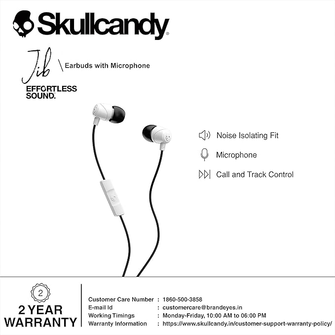 Skullcandy Jib Wired Earbuds with 3.5mm AUX Plug, Noise Isolating Fit, in-Line Microphone Call and Track Control, Convenient for Travel - White