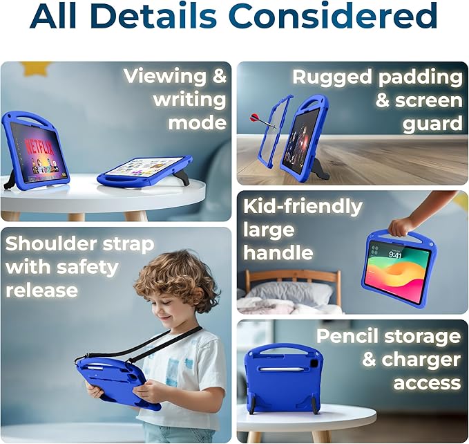 Bam Bino Space Suit, iPad Air 11 Inch Case Kids(M2/M3/M4), iPad Pro 11inch(M4/M5), iPad A16(11thGen), iPad 10thGeneration, Built-in Screen Protector, Handle, Kick Stand, Shoulder Strap (Galactic Blue)