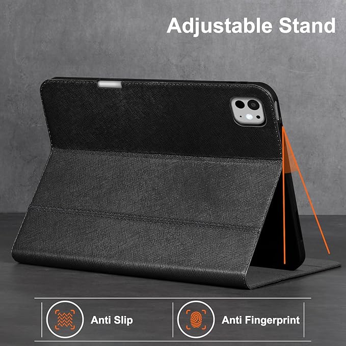 Gexmil Genuine Leather Case for iPad Pro 11 Inch (M5/M4) 2025/2024 with Pencil Holder,Protective Shockproof Leather Smart Folio Cover Adjustable Stand Auto Sleep/Wake Anti-Slip,Cross-Hatched Black