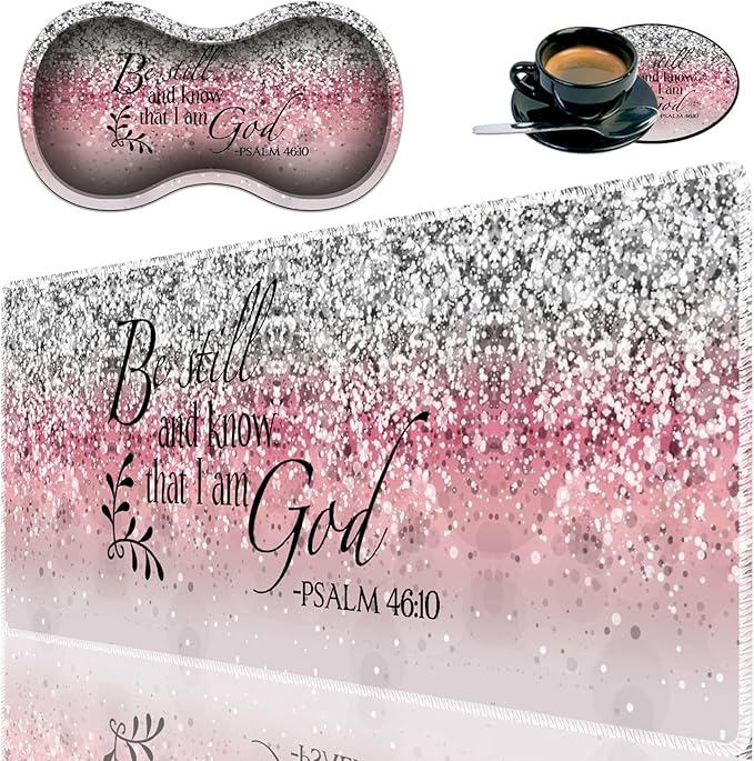 Durable Desk Mat + Wrist Rest Pad + Coasters Set, Large Gaming Office Mouse Pad 31.5 "x 11.8", Extended Non-Slip Rubber Keyboard Pad, Laptop & Home, Pink Flash Bible Pattern