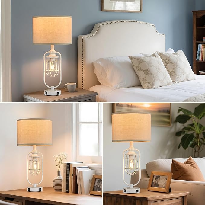 Farmhouse Table Lamps for Living Room Set of 2, Lamps for Night Stands Set of 2, Industrial Bedside Lamps for Bedroom Nightstand with USB A+C, Bulbs Included