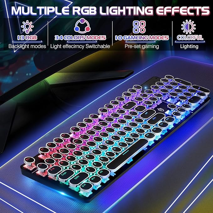 YSCP Typewriter Style Mechanical Gaming Keyboard RGB Backlit Wired with Blue Switch Retro Round Keycap 104 Keys Keyboard (R-Black)