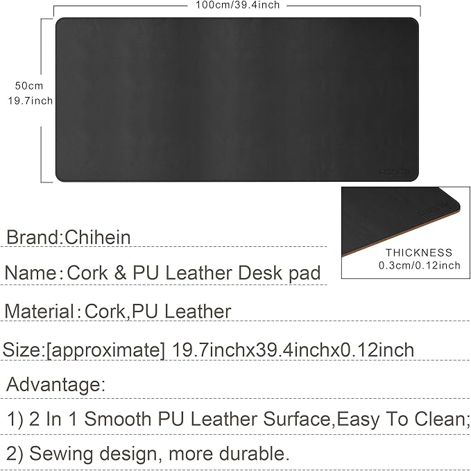 Chihein 39" x 20" 3XL Desk Mat with Cork & PU Leather (Black), Dual Sided Desk Pad, Waterproof Computer Desk Mat for Gaming, Office, Home