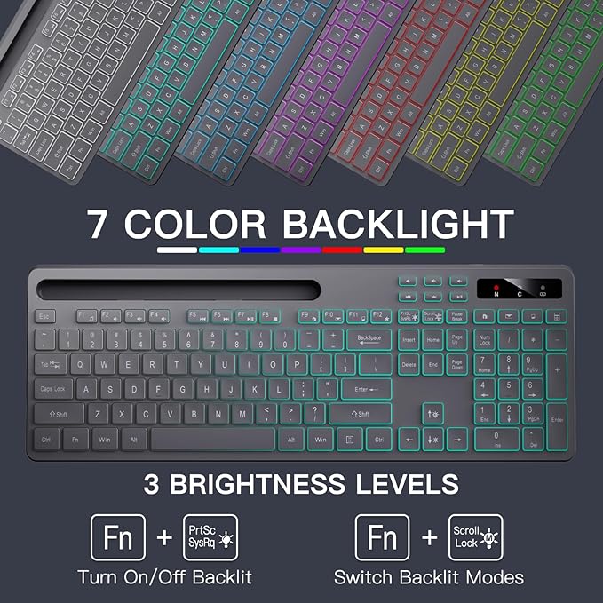 Soueto Wireless Keyboard with 7-Color RGB Backlit, Full-Size Computer Keyboard with Phone Tablet Holder, 2.4G Rechargeable Gaming Keyboard with Light Up Keys, Compatible with Mac, Windows (Grey)