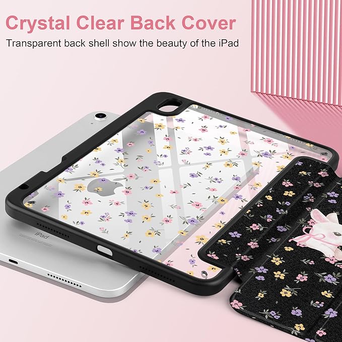 Case for iPad Air 11 inch M4 2026 M3 2025 M2 2024,iPad Air 5th (2022) / 4th (2020) 10.9 Inch Clear Back Shell Lightweight Shockproof TPU Trifold Stand Auto Wake Sleep Cute Cover, Flowers