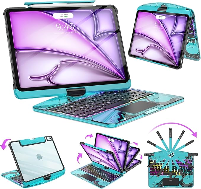 SIBEITU Clear Wireless Keyboard Case for iPad Air 13-inch M4/M3/M2 (2026/20252024) & iPad Pro 12.9-inch 6th 5th 4th 3rd Gen, Precision Trackpad & 7-Color Backlit, Pencil Holder, 360°Rotatable, Blue