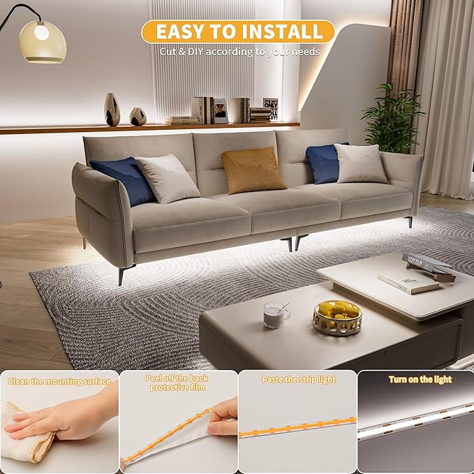 PAUTIX 5V USB COB LED Strip Light 6.56ft/2m 1200lm, Dimmable 640LEDs 6000K Daylight White CRI90+ with RF Remote TV Backlight,Flexible Under Cabinet Tape Light for Bedroom,Kitchen,Home DIY Lighting