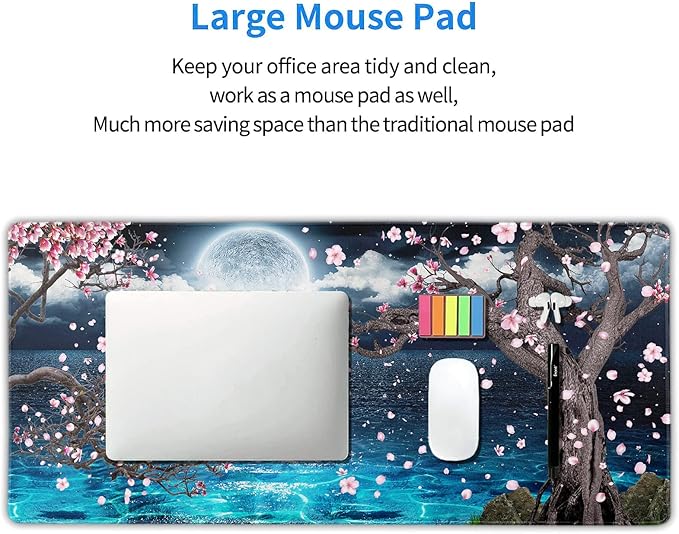 Pink Cherry Blossom Gaming Mouse Pad XXL Sakura Tree Blue Ocean Moon Night Extended Big Large Desk Mat Non-Slip Rubber Base Stitched Edge Long Keyboard Mousepad for PC Computer Laptop,35.4×15.7 in