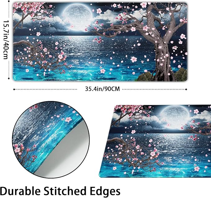 Pink Cherry Blossom Gaming Mouse Pad XXL Sakura Tree Blue Ocean Moon Night Extended Big Large Desk Mat Non-Slip Rubber Base Stitched Edge Long Keyboard Mousepad for PC Computer Laptop,35.4×15.7 in
