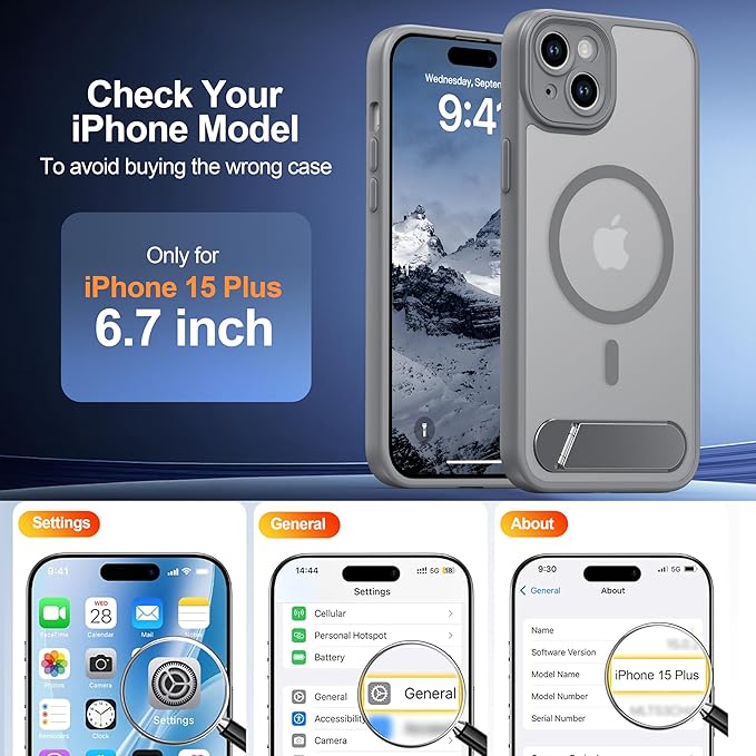 Magnetic Compatible with iPhone 15 Plus Case, [Built-in Kickstand][Full Camera Protection][Compatible with MagSafe][Anti-Fingerprint] Shockproof Phone Case for iPhone 15 Plus 6.7",Gray