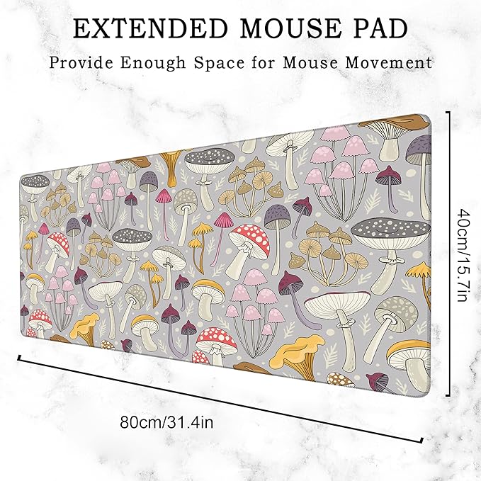 Gaming Desk Mat Large,Colorful Mushrooms Extended Mousepad,Non-Slip Rubber Mouse Pad Stitched Edges,Desktop Decorative Accessories for Home Office 31.5" x 15.7"