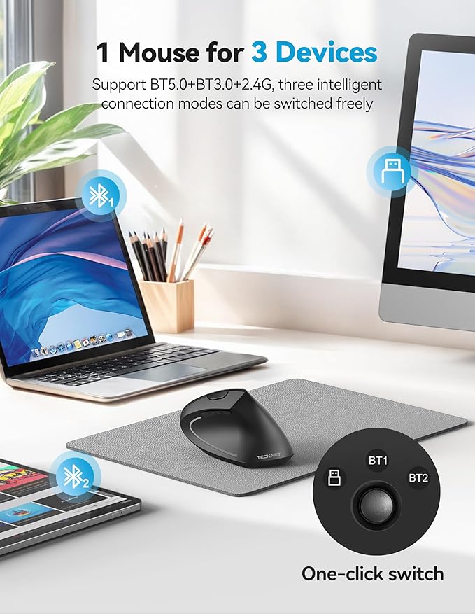 TECKNET Ergonomic Mouse with Jiggler, Bluetooth Wireless Vertical Mouse, 4800DPI Rechargeable Carpal Tunnel Mouse, Undetectable Random Movement Keeps Computers Awake for PC, Laptop, Mackbook