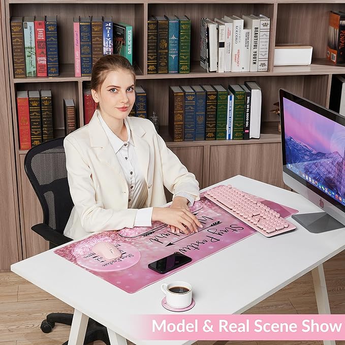 Desk Mat Set + Keyboard and Mouse Pad with Wrist Rest Support,4-in-1 Large Mousepad Computer Mats for Desktop Home & Office-Glitter Pink
