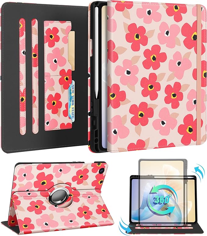 Kidcube for Samsung Galaxy Tab A9 Plus Case 11 Inch - for Women Girls Cute Rotating Stand Folio Cover with Pencil Holder & Card Slot Girly Kawaii Floral Flower Design for Samsung A9 Plus Tablet Cases