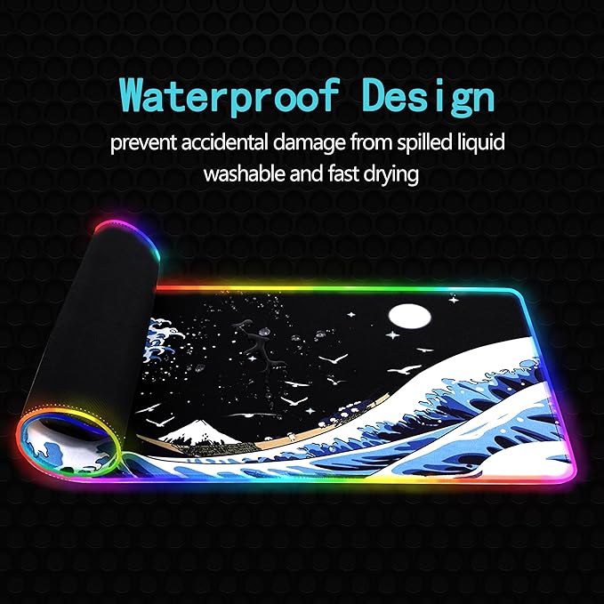 Gaming Laptop Mouse Pad,Sea Wave Big Mice Pads PC Keyboard Waterproof and Non-Slip 31.5 x 11.9 0.12" Thick XL,XXL Rubber Table Mat, RGB Led with 10 Lighting Modes+9 Color Changing Modes Mat