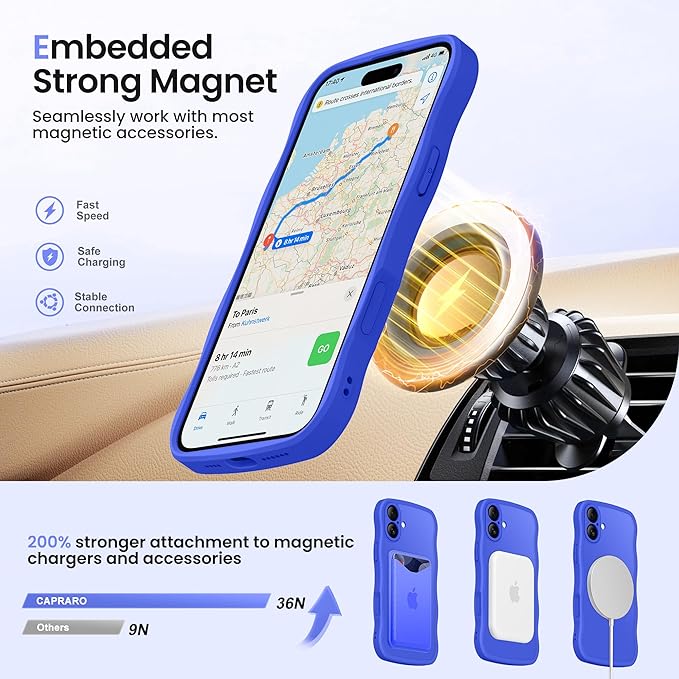 CAPRARO for iPhone 16 Plus Case with 360° Spin Magnetic Stand for Women, [Compatible with MagSafe] [Full Camera Protection] Cute Wave Translucent Matte Case for iPhone 16 Plus, Ultramarine