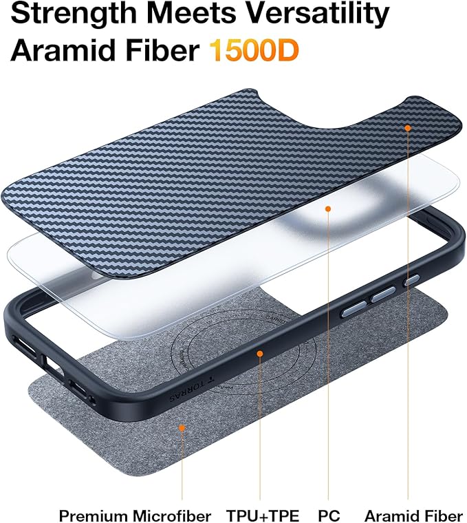 TORRAS Upgraded for iPhone 16 Pro Case Aramid Fiber Back/Black Edge | Compatible with MagSafe, Military Grade Drop Protection, Stronger Magnetic, Shockproof Airbag, Color Button, Slim Anti-Scratch | Upgraded, Stronger Magnetic, Shockproof, Slim