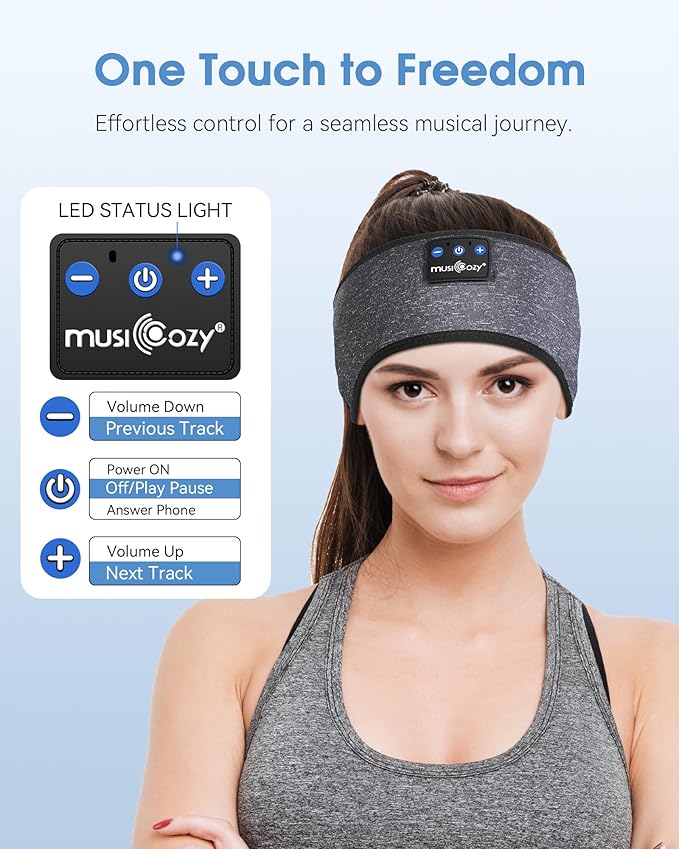 MUSICOZY Sleep Headphones Bluetooth 5.4 Headband Headphones, Wireless Earphones Music Sleep Earbuds for Side Sleepers Sleeping Eye Mask for Women Men Workout Running Cool Unique Gifts, Black