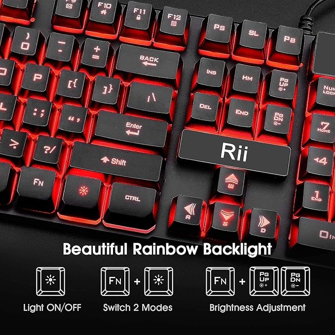 Rii Gaming Keyboard and Mouse Set, 3-LED Backlit Mechanical Feel Business Office Keyboard, Colorful Breathing Backlit Mouse for Working or Primer Gaming, Office Device (RK108)