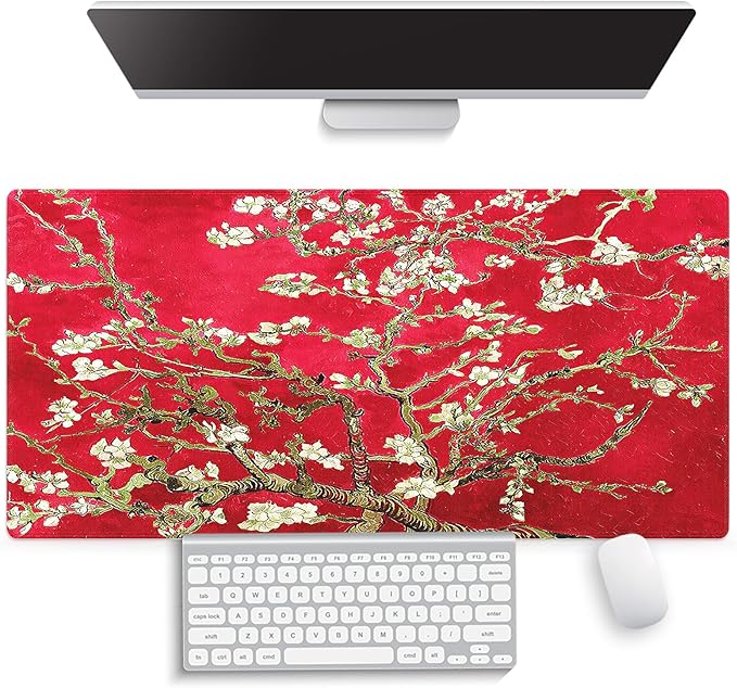 Large Gaming Mouse Pad (31.5" x 15.8") -‌ Vivid Red Famous Painting of Almond Trees Flowers Blossoms by Vincent Van Gogh, Extra XXL Office Accessories, Premium Stitched Anti-Slip Desk Mat