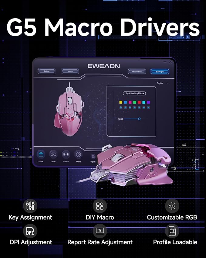 SEUNKWANG EWEADN G5 Wired Gaming Mouse, Ergonomic RGB Computer Mouse, 12800 Adjustable DPI, 9 Programmable Macro Buttons with Rapid Fire Key Compatible for PC/Laptop/Windows-Pink