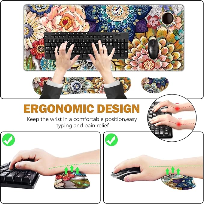 ToLuLu Extended Gaming Mouse Pad, Memory Foam Ergonomic Keyboard Mouse Wrist Rest Support Set, Large Desk Mat with Stitched Edges, Non-Slip Base Mousepad for Home Office Game, Colorful Flower