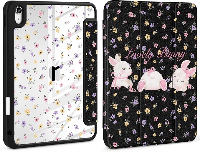 Case for iPad Air 11 inch M4 2026 M3 2025 M2 2024,iPad Air 5th (2022) / 4th (2020) 10.9 Inch Clear Back Shell Lightweight Shockproof TPU Trifold Stand Auto Wake Sleep Cute Cover, Flowers