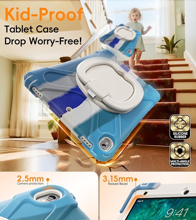 BATYUE 10.5 inch Case for ipad Air 3rd Generation 2019 / ipad pro 10.5 2017; Rugged Heavy Duty Protective Cover with Pencil Holder, 360° Swivel Stand, Shoulder Strap; for Kids (Colourful Blue)