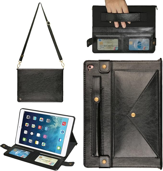 Handbag Case for Apple iPad 5/iPad 6 9.7", iPad Air 1st/2nd Generation Cases, Techcircle Folio Stand Crossbody Wallet Case with Pencil Holder, Hand Strap & Shoulder Strap Soft Protective Cover, Black