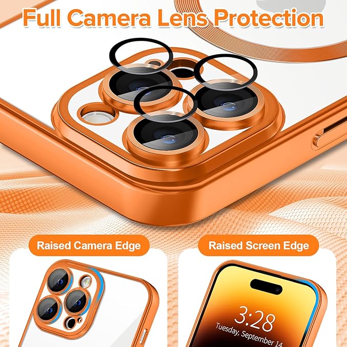 Hython Magnetic Clear for iPhone 14 Pro Case with Camera Lens Protector [Compatible with MagSafe] Luxury Plating Edge Slim Soft TPU Cover Protective Phone Case for iPhone 14 Pro 6.1", Matte Orange