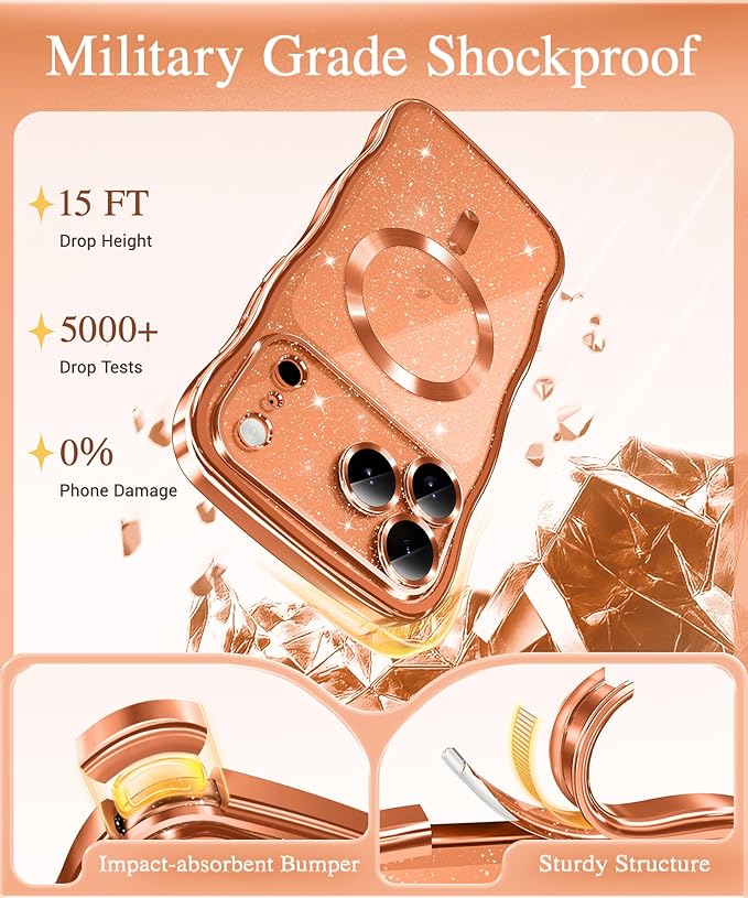GVIEWIN for iPhone 17 Pro Case Compatible with MagSafe, Upgraded [Full Camera Protection][Cute Wave Frame][Military Grade Protection] Electroplated Hard Phone Cover for Women Girl, Glitter/Orange