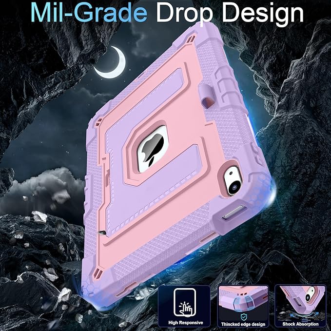 for iPad (A16) 11th/10th Generation 2025/2022 iPad Case 10th Generation with Shoulder Strap/Pencil Holder,Heavy Duty Shockproof Cover for i Pad 11th/10th Gen,Purple Rosegold