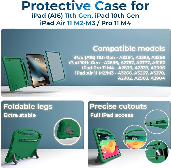 Bam Bino Space Suit, iPad Air 11Inch Case Kids (M2/M3/M4), iPad Pro 11inch (M4/M5), i-Pad A16(11th Gen), iPad 10thGeneration, Built-in Screen Protector, Handle, Kick Stand, Shoulder Strap (Mint Green)