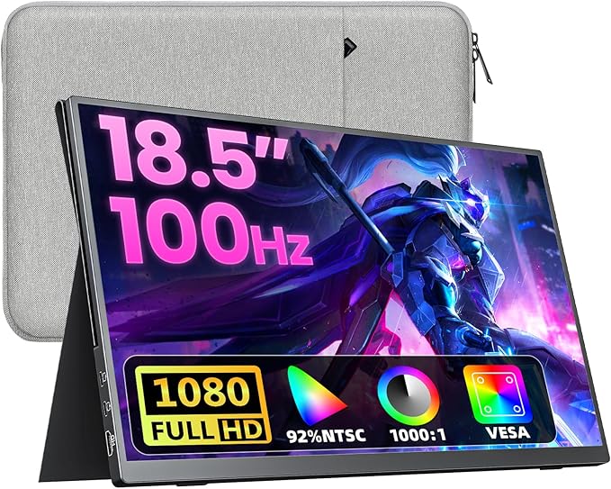 Upperizon Portable Monitor 18.5 inch FHD 130% sRGB 100Hz HDR HDMI USB-C Travel Monitor for Laptop MacBook PC Surface PS5 Xbox, Large External Display with Cover & Speakers, VESA Compatible
