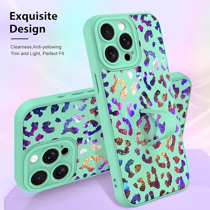 KANGHAR Compatible with iPhone 15 Pro Max Case, Support for MagSafe, Silicone Cute Iridescent Leopard Cheetah Pattern, Wristband Kickstand Shockproof Protective Slim Cover for Women Girls, Green