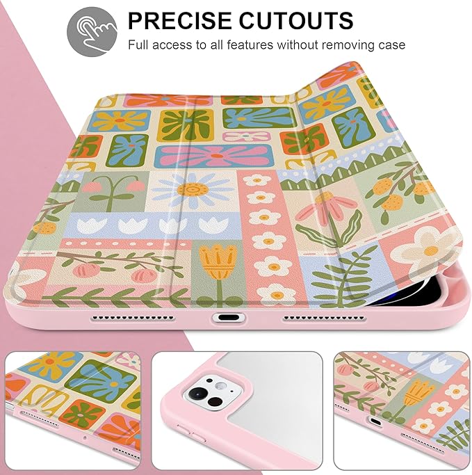 Case for iPad Pro 13 inch (M5) 2025 (M4) 2024 Release Slim Lightweight Cute Light Pink Cover with Clear Back TPU Edge Pencil Holder Trifold Stand, Flower Patchwork
