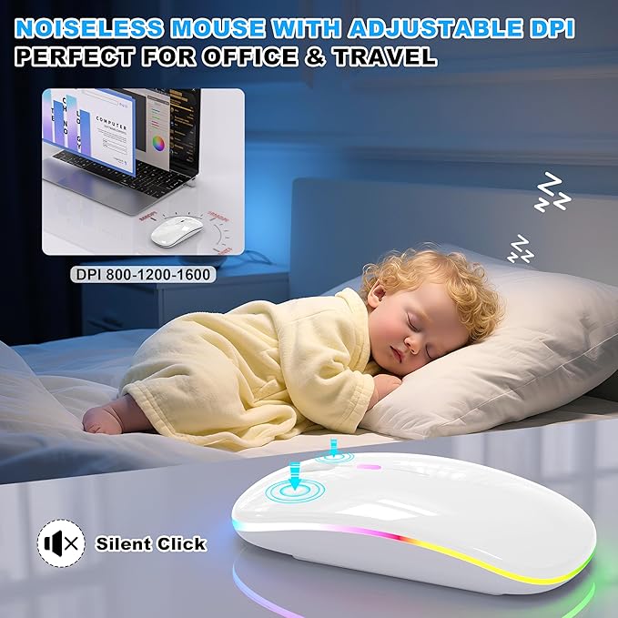 LED Bluetooth Wireless Mouse for MacBook Air Mac Pro Laptop Computer iPad, Rechargeable Silent Light-Up Mouse Jiggler Optical Dual Mode BT5.2 & USB-A/USB-C for Students, Kids, Girls, Boys - White