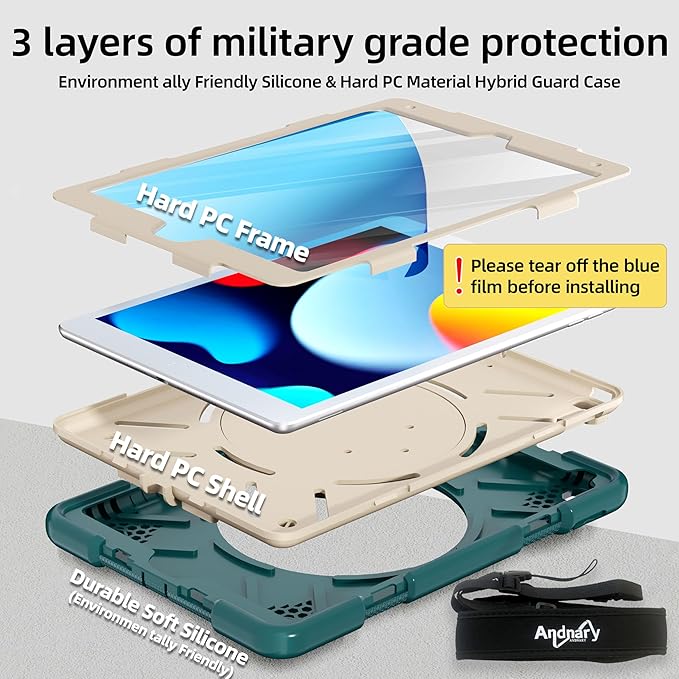 Andnary Case for iPad 9th/8th/7th Generation 10.2 inch, Shockproof Cover with Screen Protector/360° Rotate Stand/Pencil Holder/Shoulder Strap, Kids Case for iPad 2021/2020/2019 (Dark Green+White)