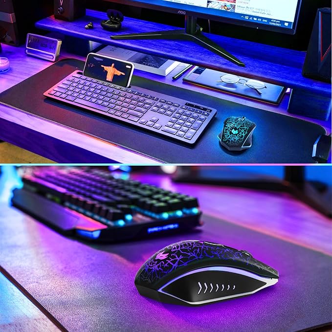 Wireless Gaming Mouse, Rechargeable Wireless Computer Mouse, 7-Color LED Light, Ergonomic Mouse with 6 Silent Click Buttons, 3 Adjustable 2400 DPI Wireless Mouse for Laptop,PC,Mac, Black