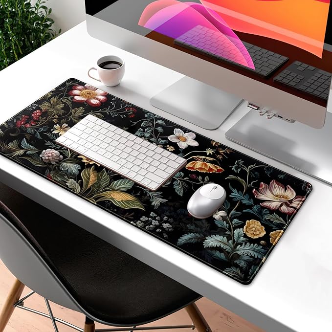 Dark Floral Desk Mat Vintage Aesthetic Desk Pad Flower Plant Black Extended Mouse Pad Large Gaming Mousepad XL Laptop Computer Mouse Keyboard Mat 31.5 x 11.8 in for Office Decor