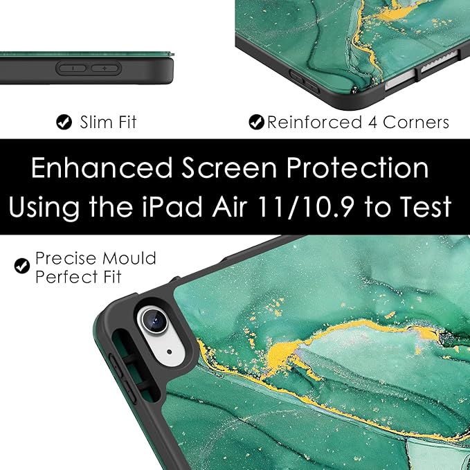 Soke Case for New iPad Air 11 Inch (M4/M3/M2, 2026-2024), iPad Air 5th/4th Generation 10.9 Inch (2020-2022) with Pencil Holder, Soft TPU Back Cover & Auto Sleep/Wake, Green Marble