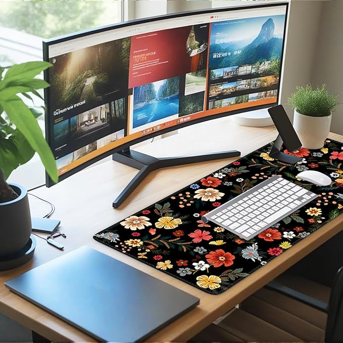 iCasso Desk Matt for Desktop, Cute Desk Pad Mat, XXL Large Mouse Pad, Anti-Slip Big Mousepad with Stitched Edges, Keyboard Pad Mouse Mat for Computer, Work, Gaming (Floral)