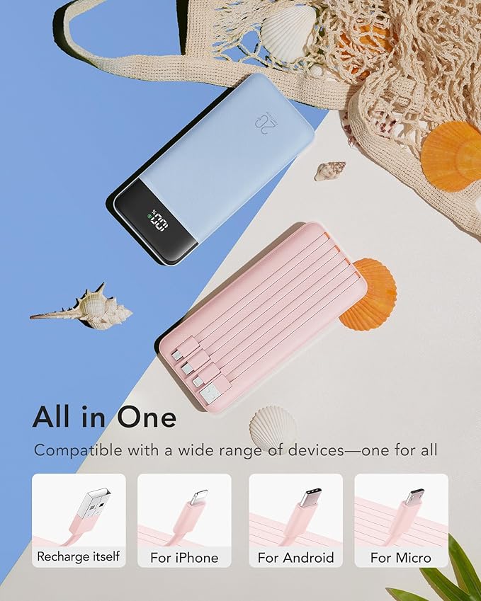 charmast 20000mAh Portable Charger with Built in Cables, 22.5W Travel Power Bank Fast Charging, USB C Cell Phone Battery Pack for iPhone 17/16/15/14/13/12 Series, iPad, Samsung, Android, Tablet