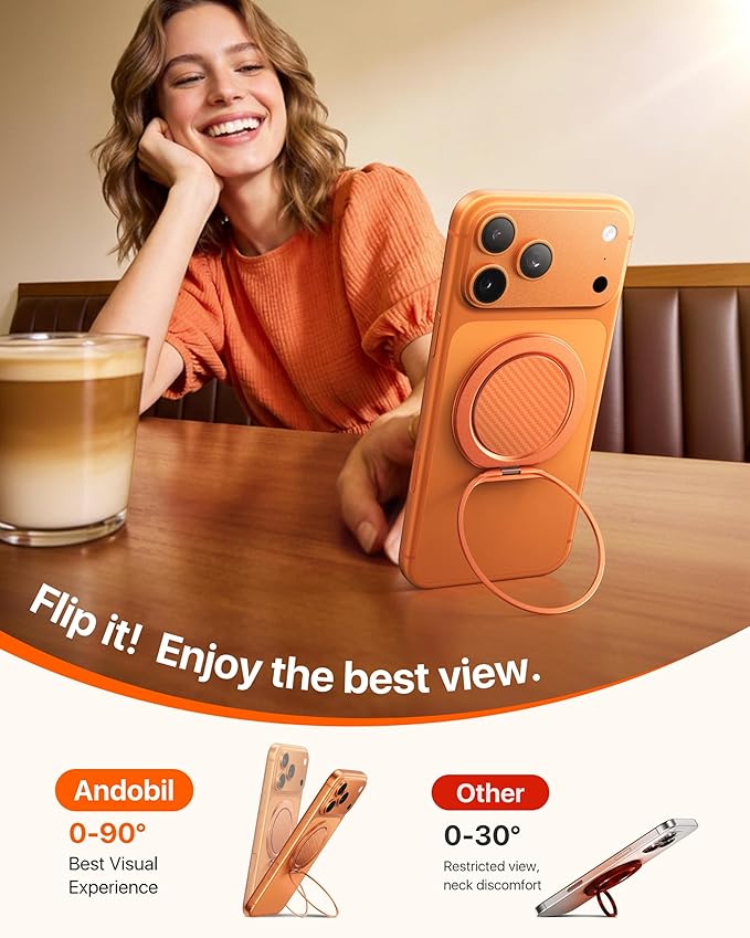 andobil [2026 Ultra-Thin] Magnetic Phone Grip for MagSafe [360° Rotate] Magnetic Cell Phone Ring Holder & Kickstand for MagSafe Accessories & iPhone 17 Air 16 Pro Max Plus 15 14 13 12, Orange