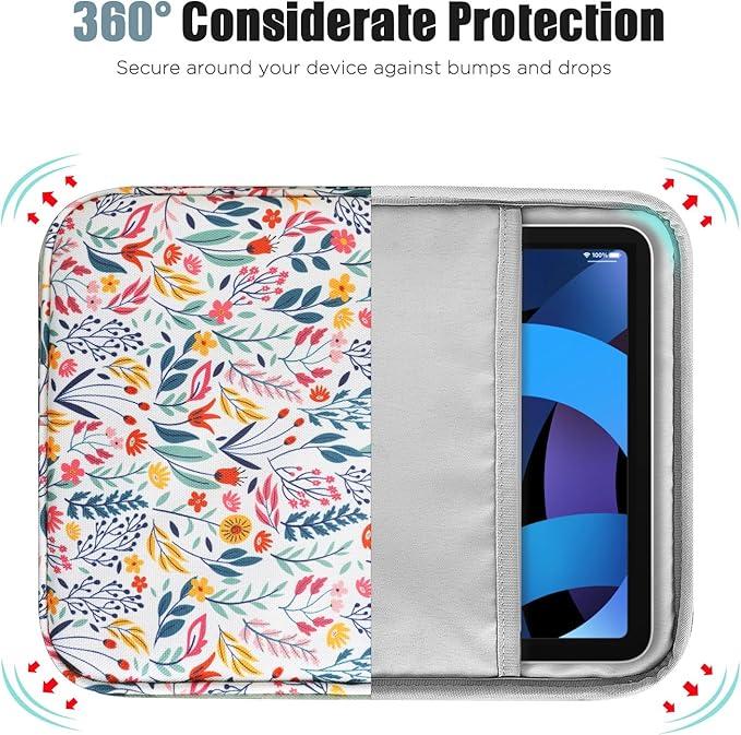 TiMOVO 9-11" Tablet Sleeve Bag for iPad 11-inch A16 2025, iPad 10.9"/10.2"| Air 11 Inch/5th/4th Gen. 10.9", Galaxy Tab A9+/A11Plus 11", Protective Bag with Pocket, Flowers