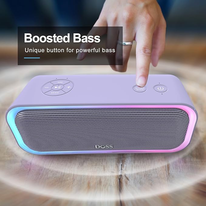 DOSS SoundBox Pro Bluetooth Speaker, 20W Stereo Sound, Active Extra Bass, 20H Playtime, Multi-Colors Lights, Wireless Stereo Pairing, IPX6 Waterproof for Garden, Hiking, Camping, Beach, Party-Purple