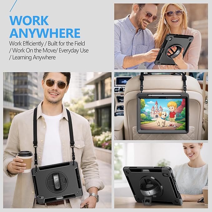 Case for iPad (A16) 11th/10th Generation Case: Protective Cover for iPad 11th Gen 11 Inch 2025 &10th Gen 10.9" 2022 with Screen Protector- Stand- Shoulder Strap- Handle- Pencil Holder-Black