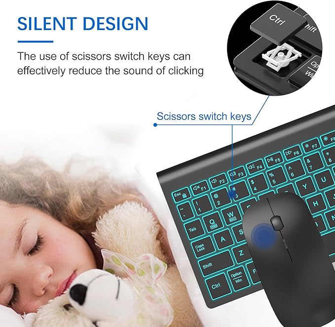 TopMate Wireless Keyboard and Mouse Ultra Slim Combo, 2.4G Silent Compact USB 2400DPI Mouse and Scissor Switch Backlit Keyboard Set, for PC/Laptop/Windows/Mac/Gaming - Matte Black